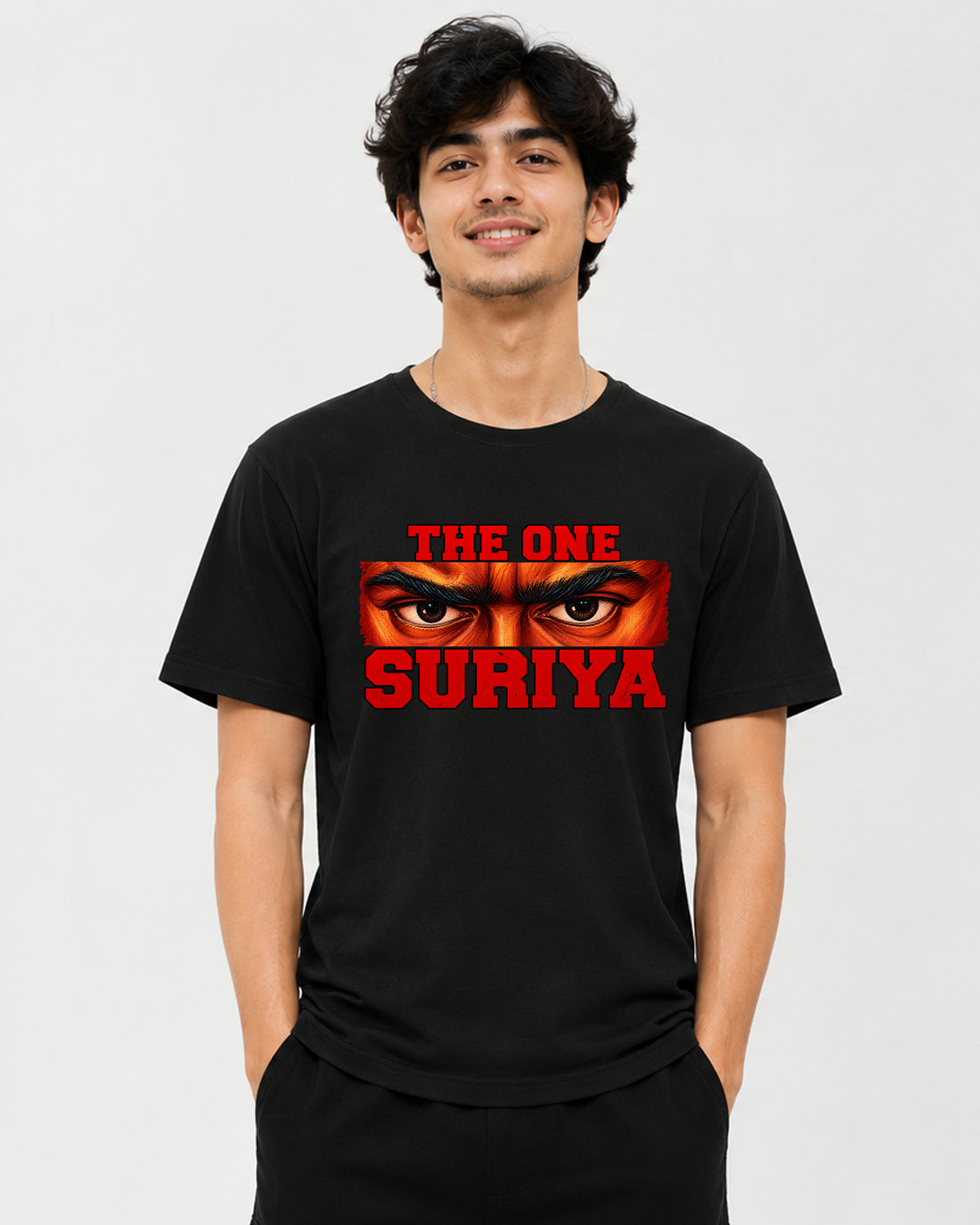 THE ONE Surya Mass graphic T-shirt front view featuring Tamil cinema-inspired artwork