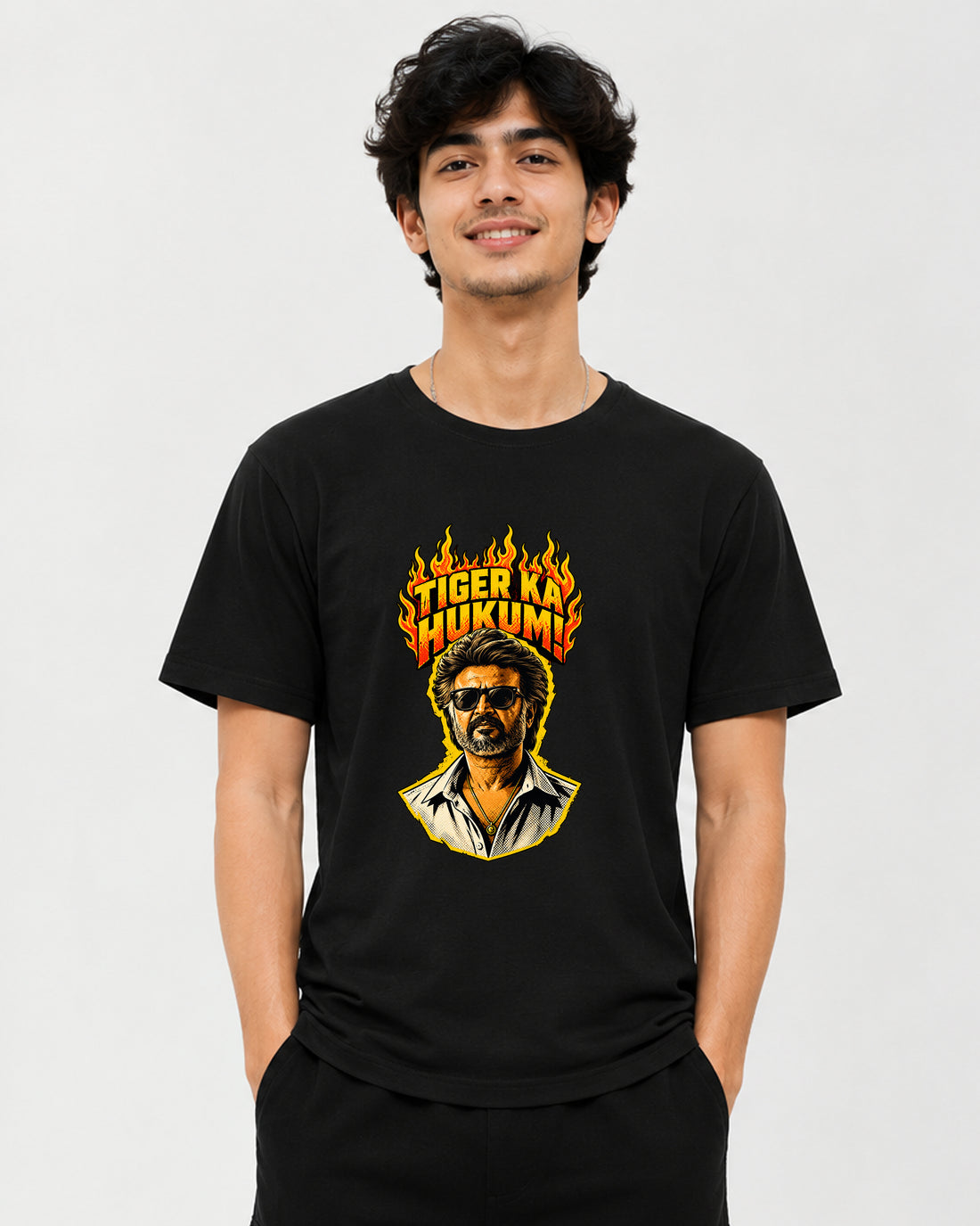 Tiger Ka Hukum Tamil cinema fan graphic T-shirt front view, movie-inspired fan apparel from TheFanboy.in