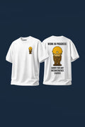 Virat Kohli Inspired Work in Progress White Oversized T-Shirt with Construction Worker Graphic and Premium Cotton Fabric