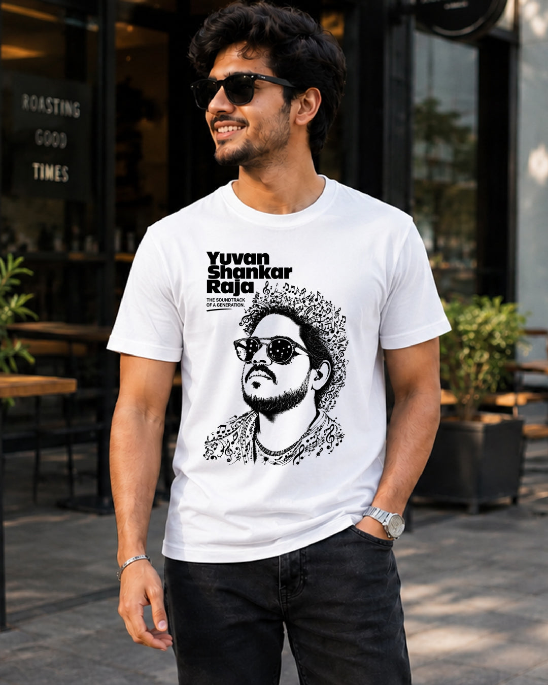 Yuvan Shankar Raja The Soundtrack of a Generation graphic printed white cotton T-shirt by FANBOY.