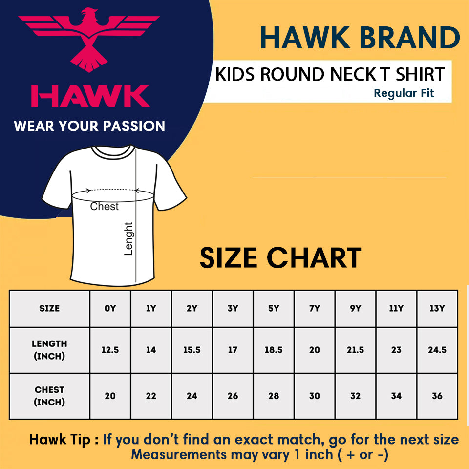 Round Neck Kids T Shirts size chart at hawkty