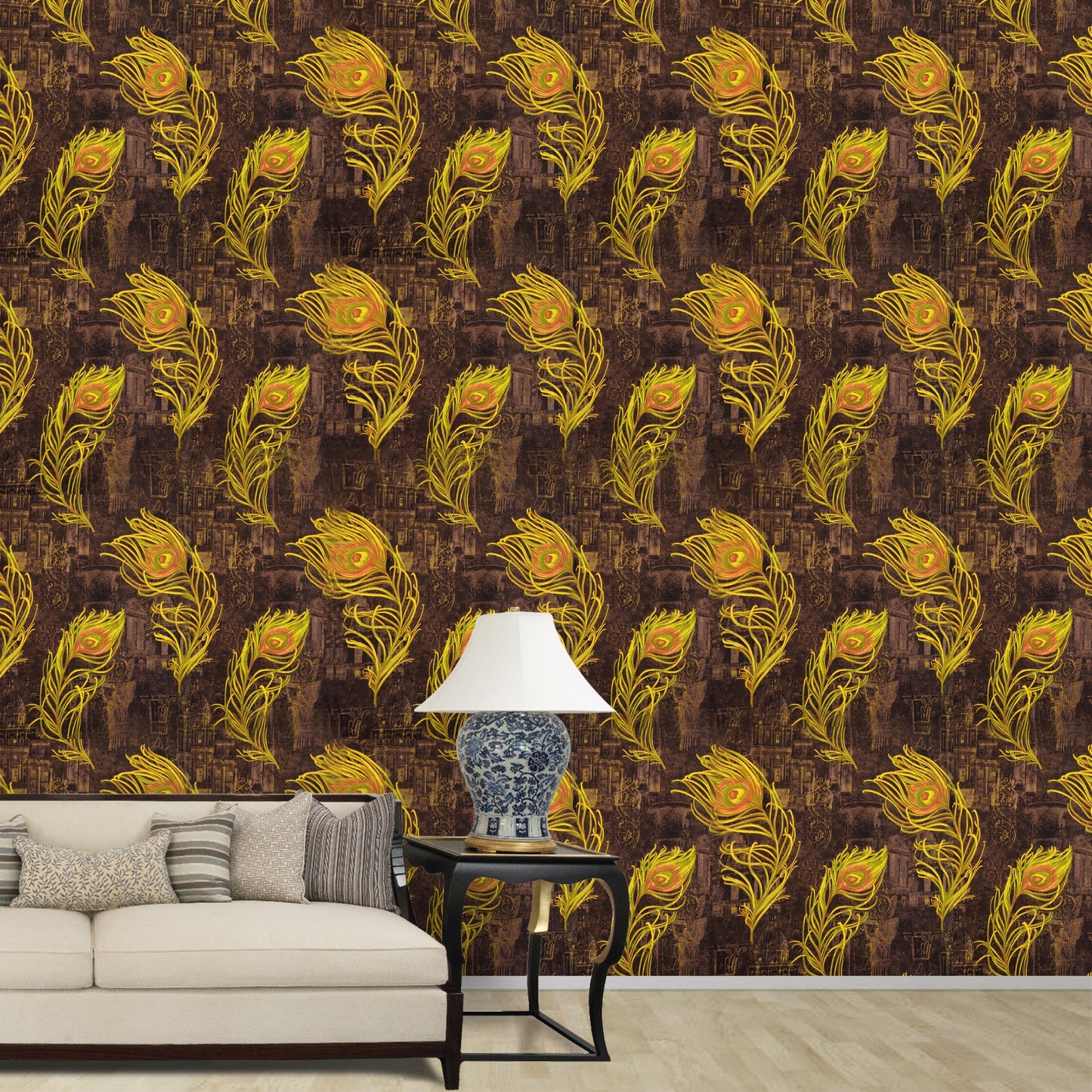 Brown Base with Golden Color Peacock Feather Design Wallpaper