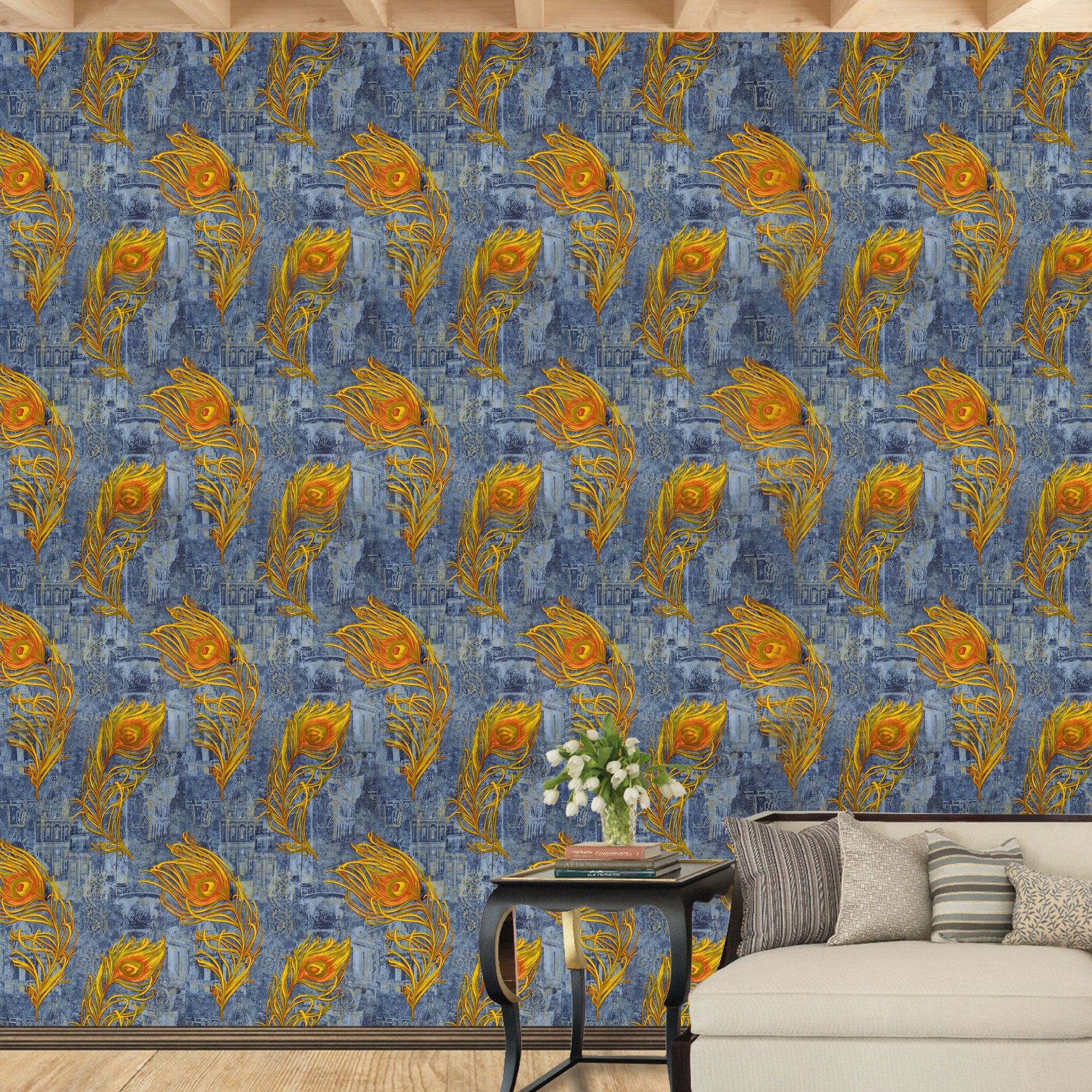 Grey Base with Golden Color Peacock Feather Design Wallpaper