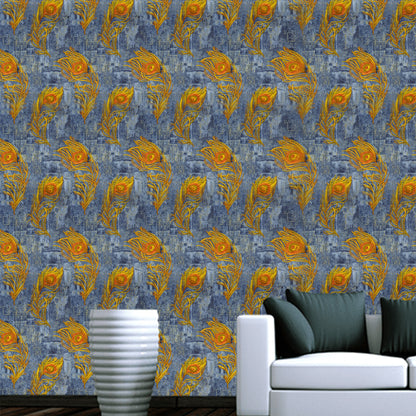 Grey Base with Golden Color Peacock Feather Design Wallpaper