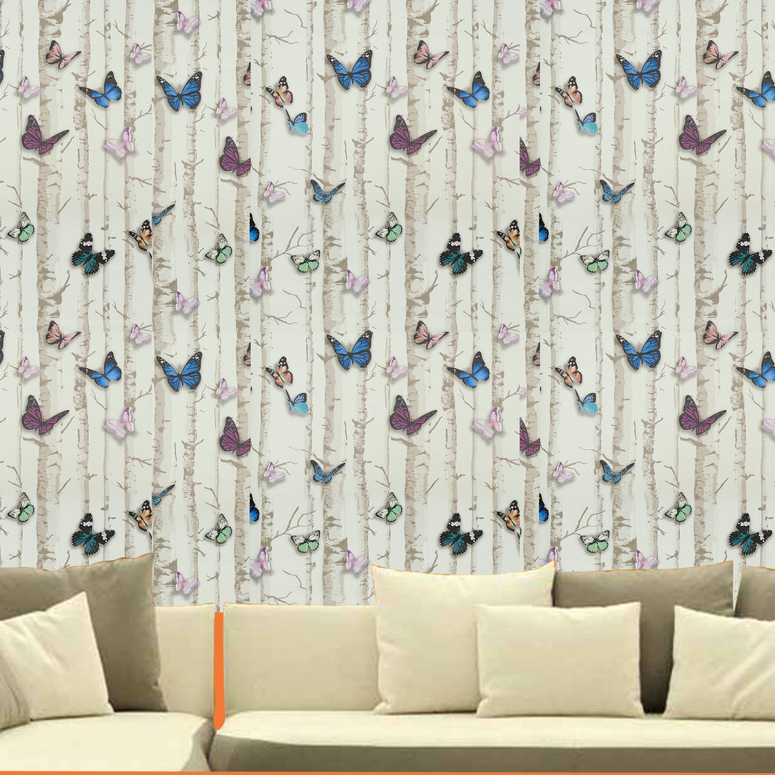 Decorative White Base Multicolor Butterfly Wallpaper